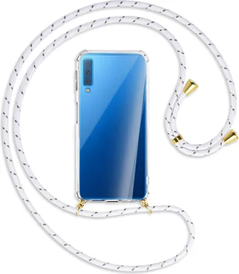 Produktbild von Handykette Backcover-Schutzhülle mit Band (Metall goldfarben) für Samsung Galaxy A7 2018 - weiß/grau