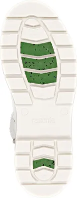 The bottom view of a white shoe sole with green inserts.