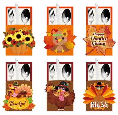 Produktbild von 24-teiliges Besteckset für Thanksgiving, Tischdekoration für die Truthahn-Party, Besteckbeutel für Silberbesteck, ideal für Herbstfeste und Thanksgiving-Tischdekoration