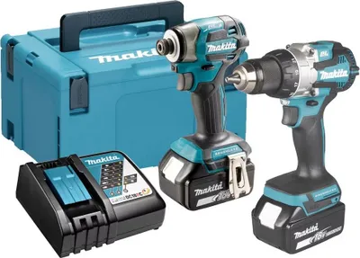 A set of Makita power tools including a drill, an impact driver, a charger, and a storage case.
