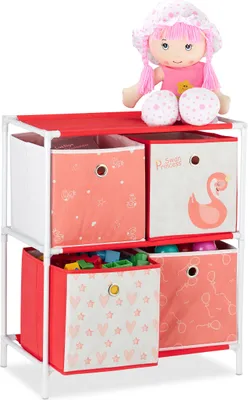 Produktbild von Relaxdays Kinderregal mit 4 Boxen, Spielzeug, Mädchen, Schwan-Design, Regal Kinderzimmer, HBT: 62 x 53 x 30 cm, weiß/rot
