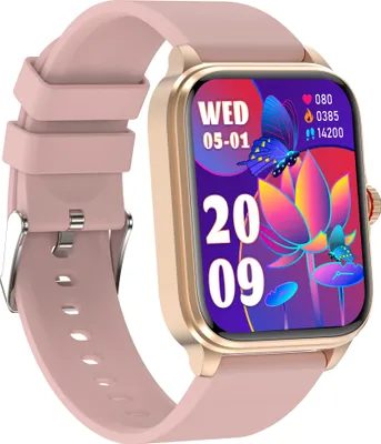 A pink smartwatch with a gold bezel is displayed against a white background.