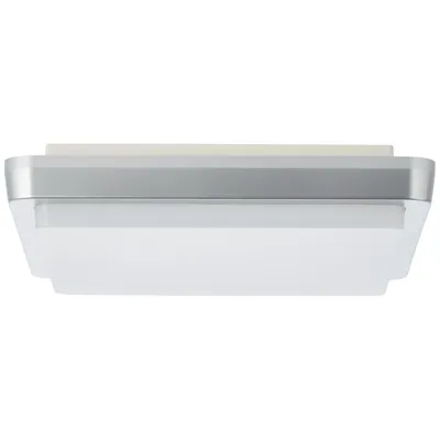 A close-up, front-facing view of a modern, square LED ceiling light fixture with a silver metal frame and a frosted white diffuser.