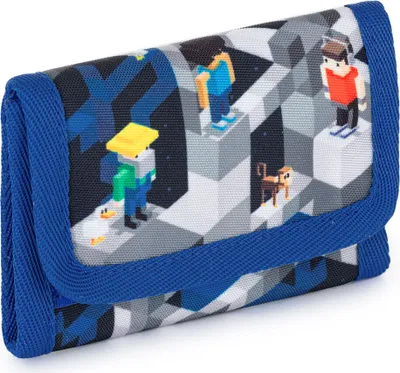 A closed wallet with a colorful, pixelated design featuring cartoon characters and a geometric background.