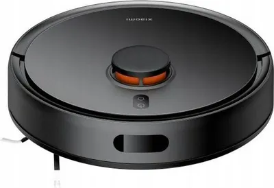 A top-down view of a black robot vacuum cleaner.