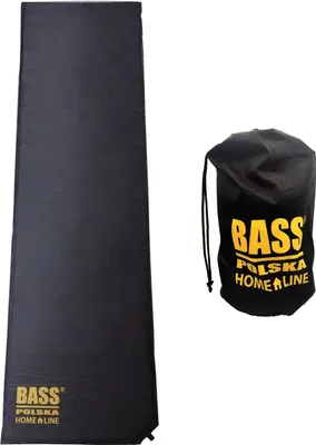 A black self-inflating sleeping mat and a black drawstring bag with the brand logo are shown against a white background.