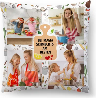 Produktbild von Personalisiertes FOTOGESCHENK, 45 x 45 cm, mit eigenem Foto, Koch Foto-Kissen, Geburtstag Muttertag, Bei Mama Schmeckts Am Besten, mit Füllung [091]