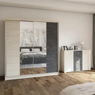 Schwebetürenschrank mit Spiegeln  Sonoma/Schwarze Kiefer
Breite:	203 cm
Höhe: 218 cm	
Tiefe: 61 cm