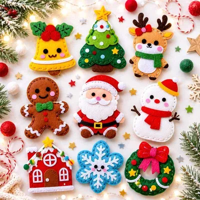Produktbild von Filz Nähset Kinder Weihnachten - 9 Teile - DIY Filz Baumschmuck Nähset ab 5 Jahren