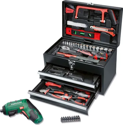 Produktbild von PARKSIDE® Metall-Werkzeugbox »PWBM A1«, mit 4 V Akku-Schraubendreher, 92-teilig