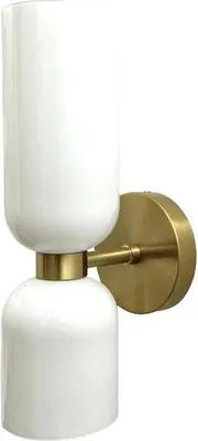 A modern wall lamp with a white glass shade and a brass base, shown against a white background.