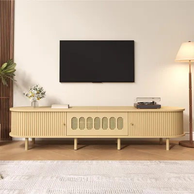 Immagine prodotto di Mobile TV in rattan, con supporto TV dotato di 2 ante a persiana e 1 ante a ribalta, mobile basso per TV con 5 vani portaoggetti chiusi, colore naturale