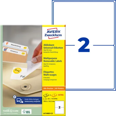 Produktbild von Avery Zweckform L4734REV-25, Universal-Etiketten, ablösbar, A4, 199,6 x 143,5 mm, 60 Etiketten / 30 Bögen, weiß