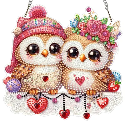 Image de Kit de création de pendentif "Diamond Painting" avec chaîne, dimensions 20x20 cm, motif double face représentant deux hiboux amoureux