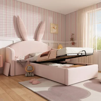 Produktbild von Flieks Kinderbett 90x200cm mit Nachttisch, Polsterbett mit Hasenohrenförmigem Kopfteil, Kinder Hydraulikbett Einzelbett mit Stauraum, Samt, Rosa