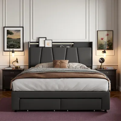Image de UnboxG Lit à sommier à gaz 160×200 cm Gris, lit rembourré en lin avec 2 tiroirs au pied du lit, tête de lit LED, port de chargement USB, lit avec espace de rangement pour chambre à coucher et chambre d'amis