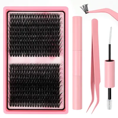 Zdjęcie produktu dla Sztuczne rzęsy w klastrach, zestaw 400 sztuk, czarne, długość 9-16 mm, zakrzywienie D, z klejem i pęsetą