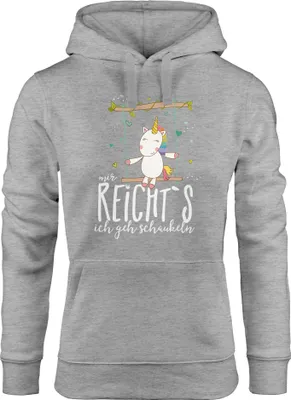 Produktbild von Damen Kapuzen-Pullover Hoodie Einhorn auf Schaukel Mir reicht`s ich geh schaukeln Spruch Moonworks® grau M