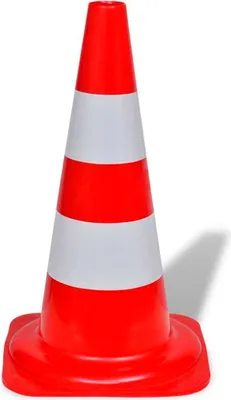 A red and white traffic cone on a white background.