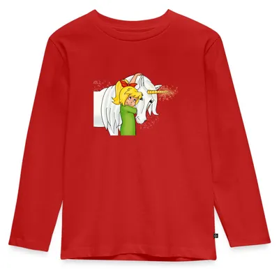 Produktbild von Spreadshirt Bibi Blocksberg Mit Einhorn Goldhörnchen Kinder Premium Langarmshirt, 134/140 (8 Jahre), Rot