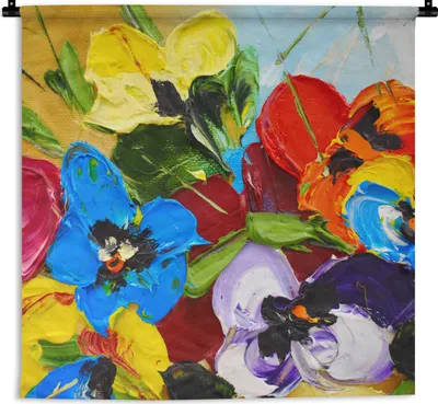 Produktbild von MuchoWow® Wandteppich Wandbehang Ölfarbe - Malerei - Blumen 90x90 cm Tapisserie Dekoration Wandtuch - Wandaufhänger