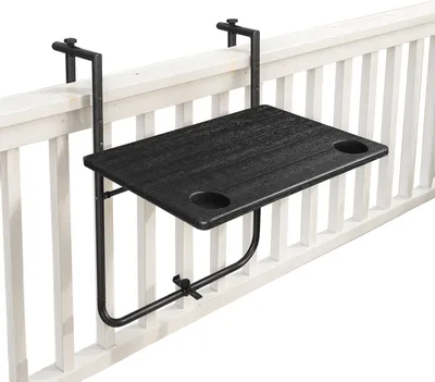 Produktbild von Gosmart Balkontisch – 83,5 x 78,5 x 73 cm – Klapptisch – 3 Höhen – Universelle Geländerpassform – Wetterfest – 2 Getränkehalter – Schwarz