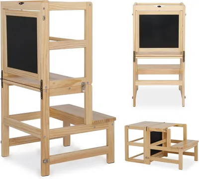 Produktbild von Lerntürme, Kinderstuhl, Lernturm, Faltbarer Kinderhocker, Holzzustand, Kiefernholz, quadratisch, mit drehbarer Tafel, 45x45x84cm, Protokollfarbe