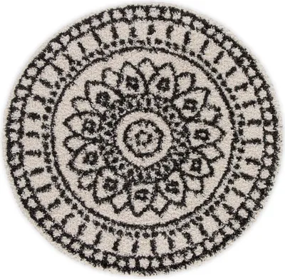 Produktbild von DomDeco Hochflorteppich Rund ROMI, weicher 30mm Shaggy-Flor Creme-Schwarz Ø160cm