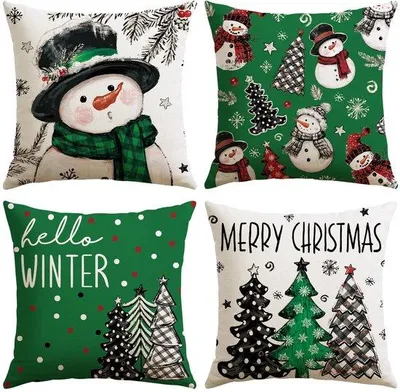 Imagen del producto de Juego de 4 fundas de cojín navideñas Unyqoos® de 40 x 40 cm – Fabricadas en poliéster y lino, con motivos navideños decorativos, cierre con cremallera invisible y lavables