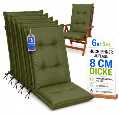 Produktbild von Pillows24 - 6x Hochlehner Auflagen 120x50x8 cm | Gesteppte Wetterfeste Gartenstuhlauflagen | Polster Sitzkissen für  Gartenmöbel |   EU | Grün
