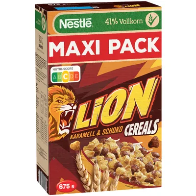Produktbild von Nestle Lion Cereals Karamellschoko Cornflakes 41% Vollkorn 1er Pack (1x675g MAXI Packung) + usy Block