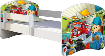 Produktbild von ACMA Jugendbett Kinderbett Junior-Bett Komplett-Set mit Matratze Lattenrost und Rausfallschutz Weiß 45 Mechaniker 160x80