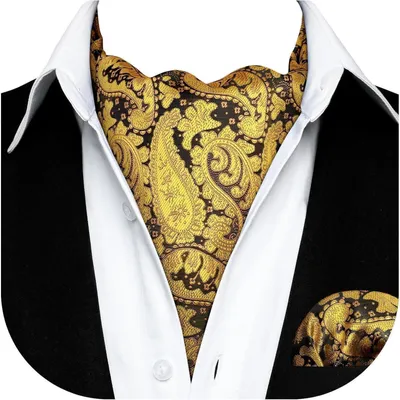 Productafbeelding van Herenset: sjaal met paisleyprint, bloemenprint, ascot, zakdoek, gouden kleur, one size