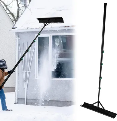 Image de Jayseuw Chasse-neige Pelle à neige Chasse-neige de toit Réglable jusqu'à 4,8 m, en aluminium, godet de toit avec large pelle, avec manche télescopique, léger