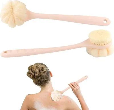 Produktbild von 2-Stück - Duschkabelliege - Langstielige - Befestigbare - Weiche Bürste für den Rücken + Lohta-Schwamm - Exfolierende feuchte und trockene Massagebürste - Rosa