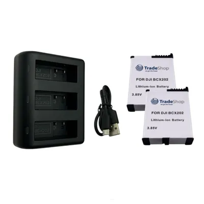 Produktbild von Trade-Shop 3in1 Set: 2x Akku 2100mAh + USB-C LCD Dreifach-Ladegerät kompatibel mit DJI Osmo Action 3 / 4 / 5, BCX202, BCX204 / Action-Kamera Zubehör