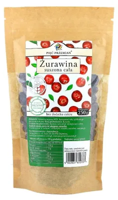 Obrázok produktu pre PIATICHODNÁ ZMES: Sušené brusnice, nasladené jablkovou šťavou, bez cukru, bez gluténu, 250g