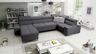Produktbild von Polsterecke in U-Form Wohnzimmer Couch MOREN IV MAXI Big Sofa Ecksofa Ottomane Links Eckcouch mit Schlaffunktion Grau Stoff SAWANA 96