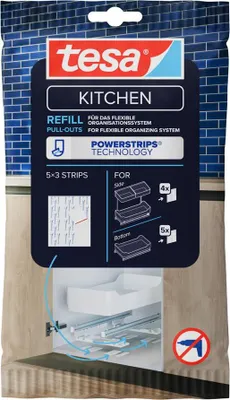 Produktbild von tesa Pull Out Powerstrips Nachfüllpack für selbstklebende Schubladenschienen - für die Wiederverwendung der ausziehbaren Küchen-Schublade - geeignet für den Boden- und Seitenauszug - 15 Powerstrips