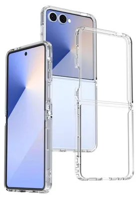 A clear protective case for a foldable phone is shown.