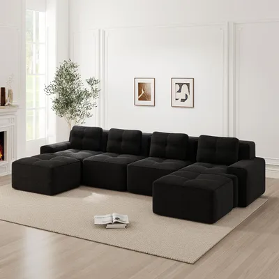 Image de Canapé Cloud en velours côtelé, forme en U, canapé modulable sans structure, 4 places, assise profonde, 382 x 177 x 69 cm, noir