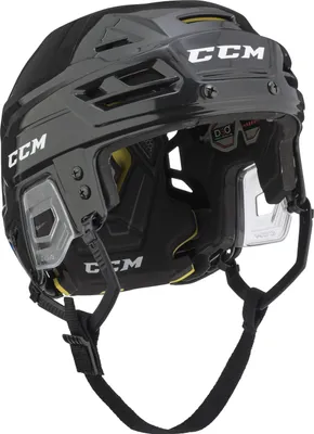 A black CCM hockey helmet with yellow accents, shown from a side-rear angle.
