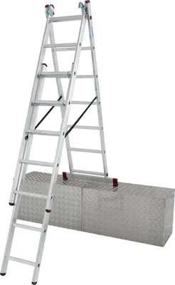 A multi-purpose ladder is shown set up over a metal storage box.