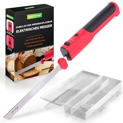 Obrázek produktu pro Elektrický kráječ NutriChef – akumulátorový nůž s USB-C a 29cm čepelí, bezdrátový a přenosný, vhodný na maso a pečivo