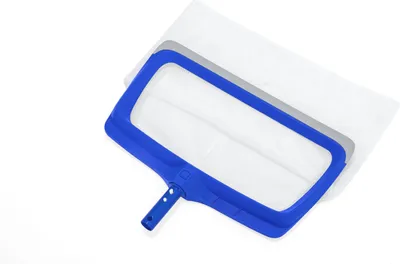 A blue and white pool skimmer net on a white background.