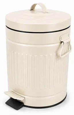 Productafbeelding van Relaxdays cosmetische prullenbak, 5 liter, retro-design, met automatische dekselverlaging, uitneembaar binnenbak, metaal, prullenbak voor de badkamer, beige
