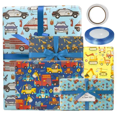 Productafbeelding van Set van 5 cadeaupapiertjes met voertuigen en bouwmachines 70x50 cm