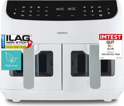 Produktbild von MEDION P20 XXL Heißluftfritteuse mit 2 Kammern (8,7 Liter, Airfryer, 2.600 Watt, Doppelkammer, 10 Automatikprogramme, 2 Schubladen, Sichtfenster, Dualer Airfryer, ILAG PFAS-frei, MD11760) matt weiß