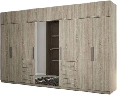 Zdjęcie produktu dla Meblast | Szafa 360x220 cm z 2 lustrami - Dąb Sonoma jasny - Szafa z półkami, szufladami i drążkiem na ubrania | Jasna kolorystyka