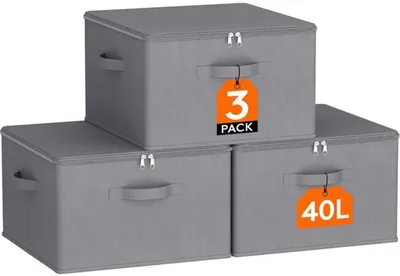 Produktbild von Azomor® Faltbare graue Aufbewahrungsboxen mit Deckel und Griffen für Kleidung und mehr